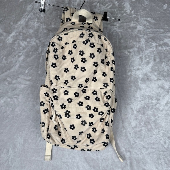 Handbags - Corduroy Floral Print Backpack Beige Black Cute Kawaii School Bag